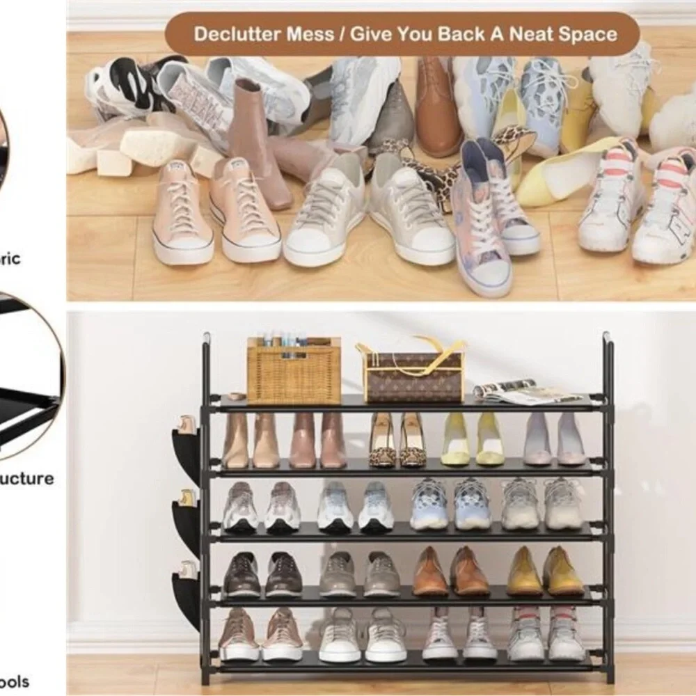 Shoe Rack 5 Tier Organizer Holds 25 Pairs Entryway Closet Storage Black